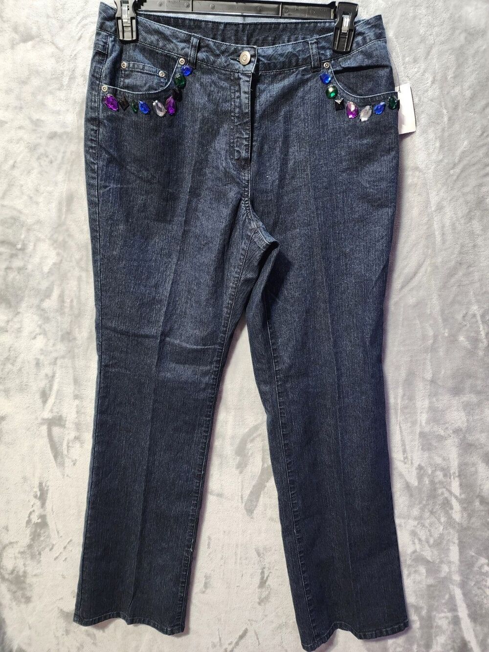 NWT Ruby Rd Jeans Womens 10 Dark Blue Denim Jeweled Embellished Hippie Cowgirl